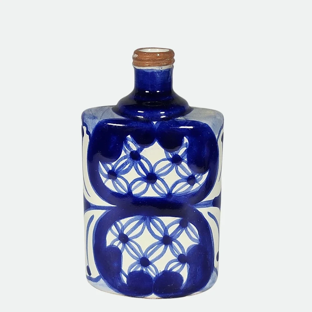 Mexican Talavera Pottery Bottle Flask Cobalt Blue White Hand Painted Mexico